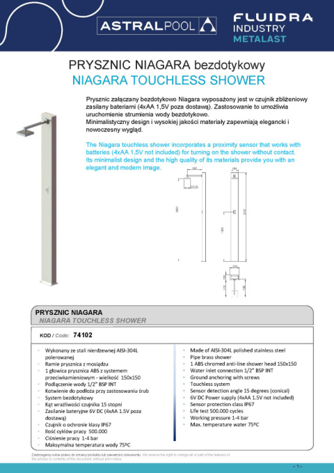 Prysznic basenowy bezdotykowy Niagara
