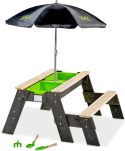 Stolik do wody i piasku drewniany z ławeczką i parasolem Aksent Exit