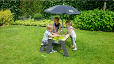 Stolik do wody i piasku drewniany z ławeczką i parasolem Aksent Exit