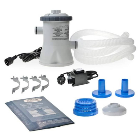 POMPA filtrująca KARTUSZOWA 1250 L/H INTEX w 24H! - obrazek przedstawia pompę wodną z wężem i akcesoriami. POMPA filtrująca KARTUSZOWA 1250 L/H INTEX w 24H! - obrazek przedstawia pompę wodną z wężem i akcesoriami.